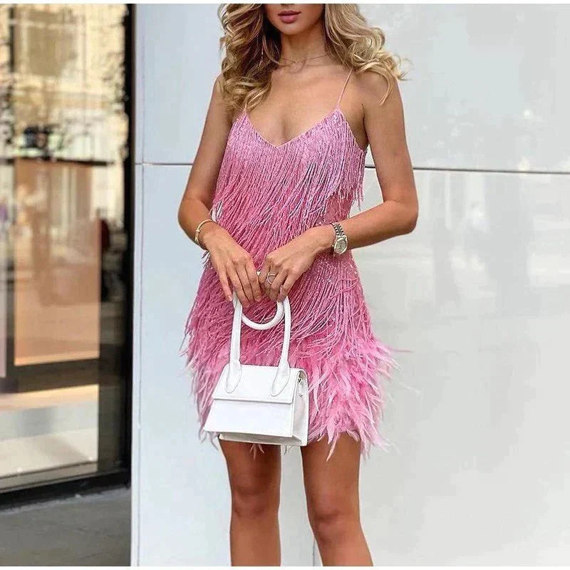 Women's Sequin Feather Mini Dress – Spaghetti Strap Cocktail Party Dress