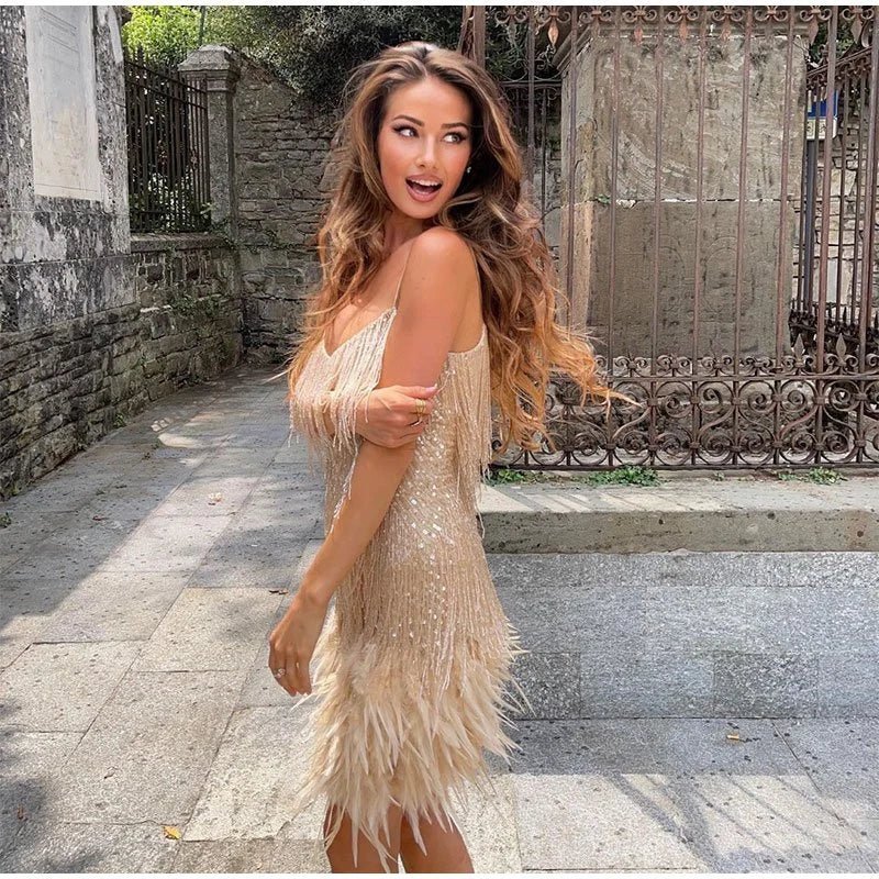 Women's Sequin Feather Mini Dress – Spaghetti Strap Cocktail Party Dress