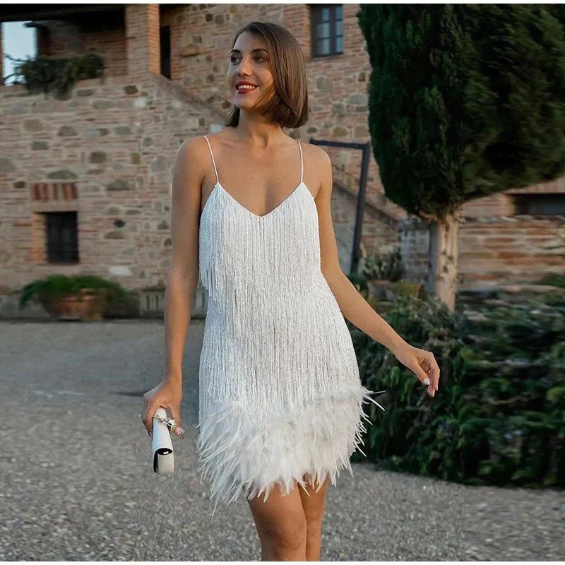 Women's Sequin Feather Mini Dress – Spaghetti Strap Cocktail Party Dress
