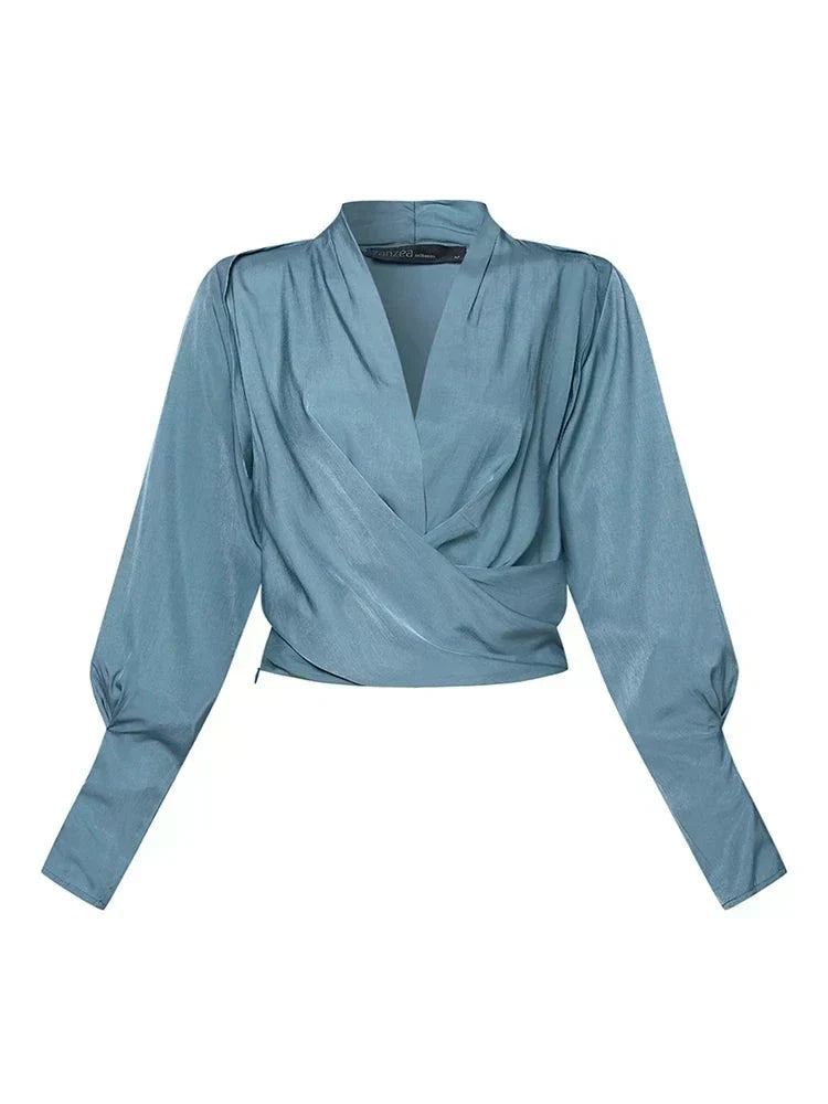 Women's V-Neck Pleated Blouse – Puff Sleeve Dressy Blouse