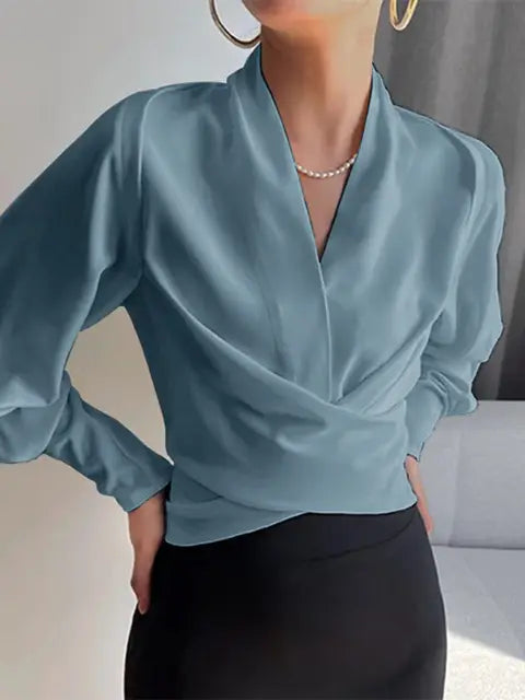 Women's V-Neck Pleated Blouse – Puff Sleeve Dressy Blouse