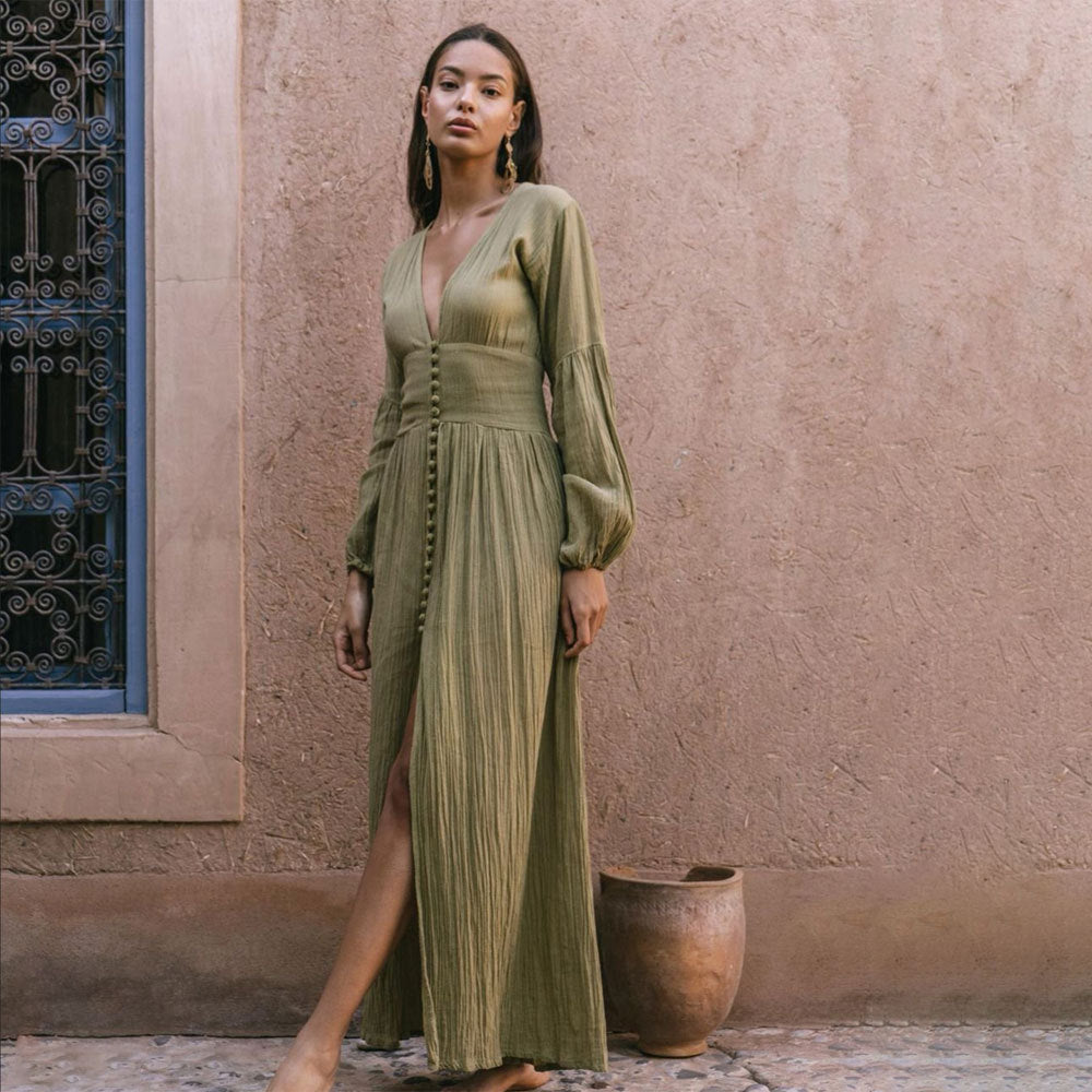 Women's Sleeveless Boho Maxi Dress – Deep V-Neck Flowy Long Dress