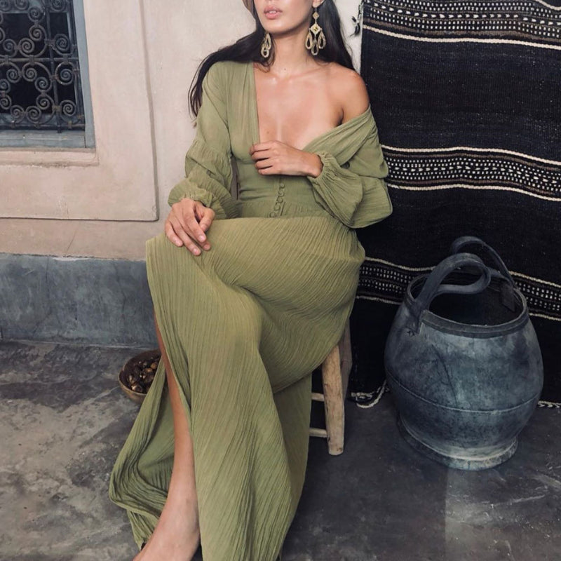 Women's Sleeveless Boho Maxi Dress – Deep V-Neck Flowy Long Dress