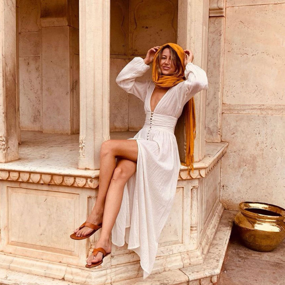 Women's Sleeveless Boho Maxi Dress – Deep V-Neck Flowy Long Dress