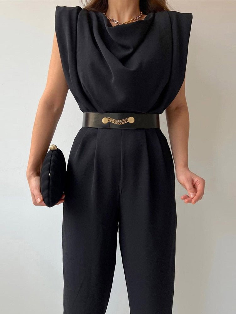 Women's V-Neck Belted Jumpsuit – Button Front Formal Evening Jumpsuit