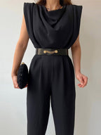 Women's V-Neck Belted Jumpsuit – Button Front Formal Evening Jumpsuit
