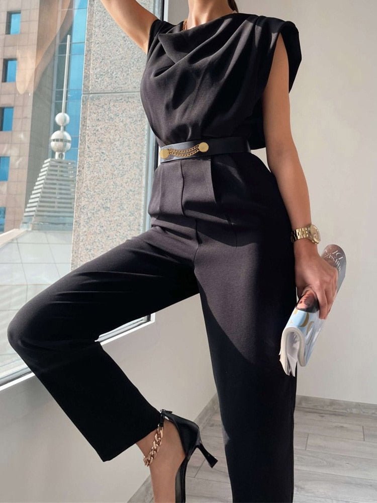 Women's V-Neck Belted Jumpsuit – Button Front Formal Evening Jumpsuit