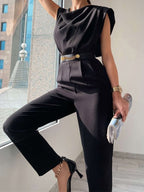 Women's V-Neck Belted Jumpsuit – Button Front Formal Evening Jumpsuit