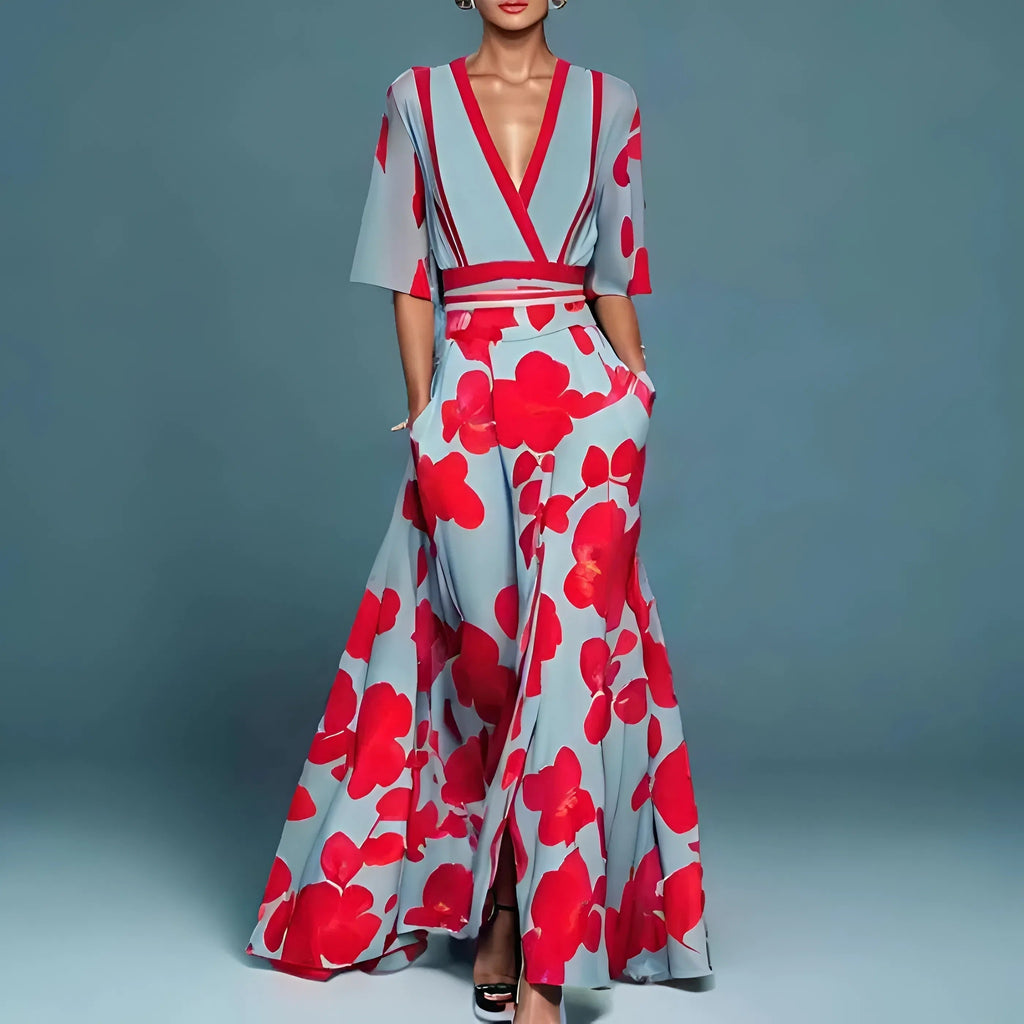 Women's Floral V-Neck Dress – Flowy Cinched Waist Dress