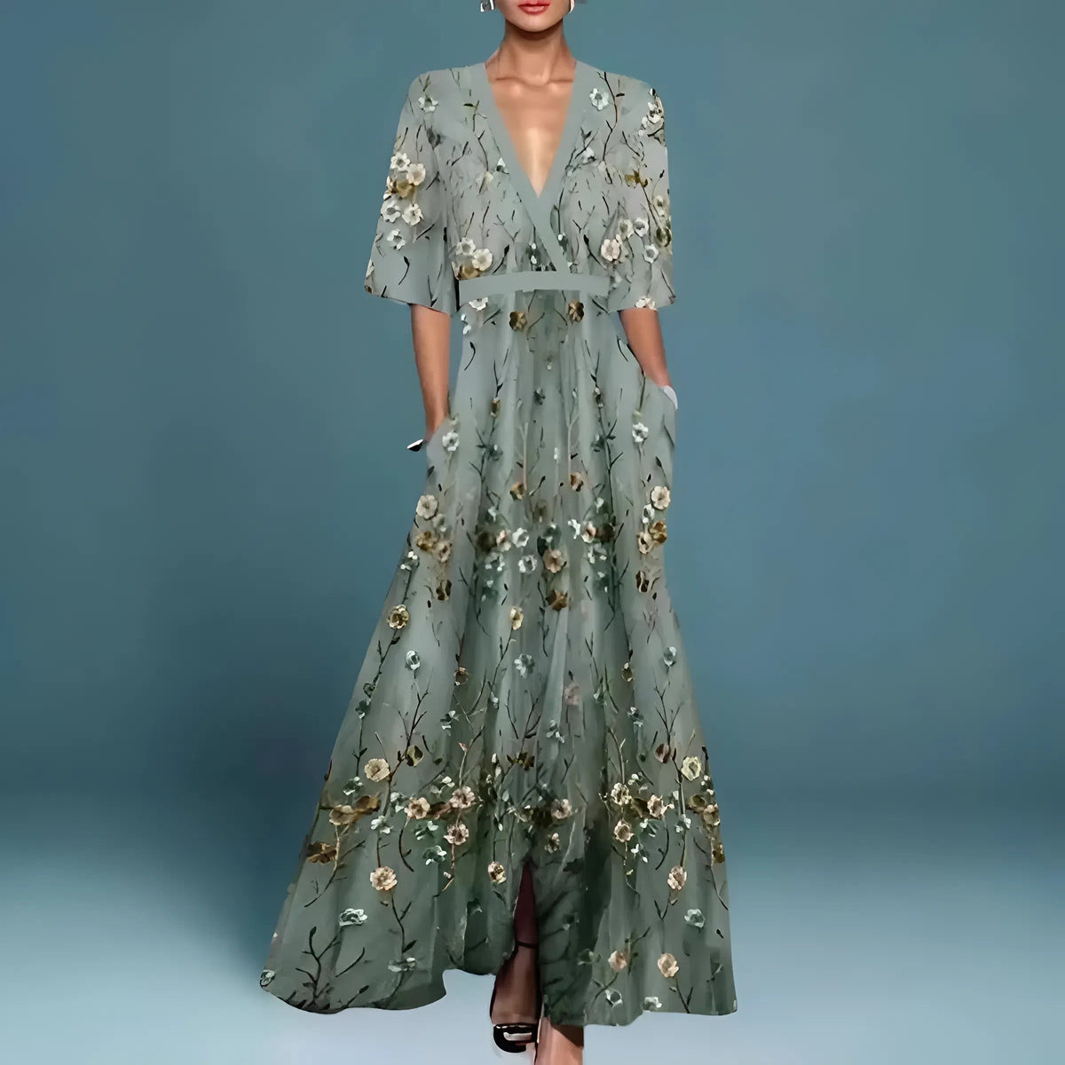 Women's Floral V-Neck Dress – Flowy Cinched Waist Dress