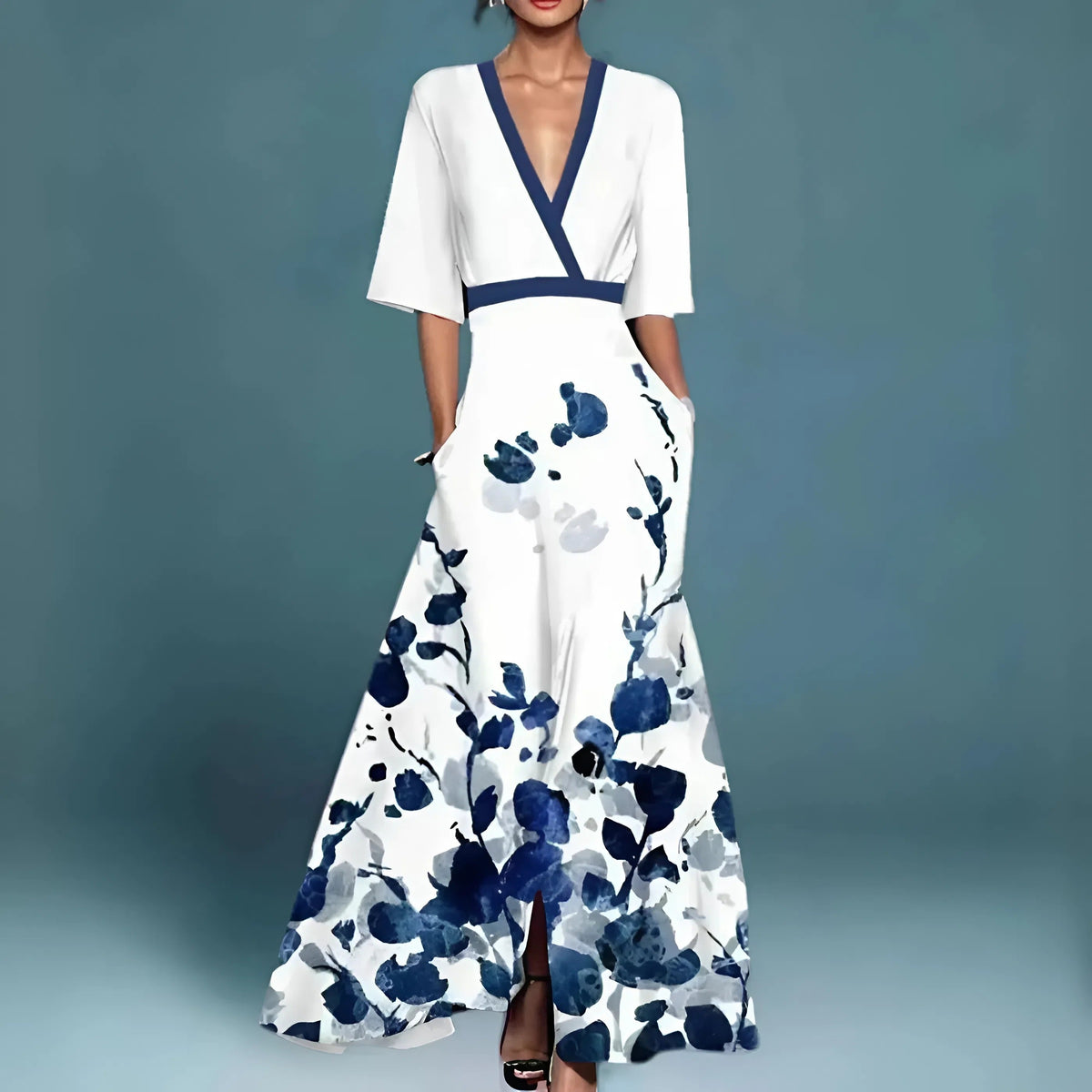 Women's Floral V-Neck Dress – Flowy Cinched Waist Dress