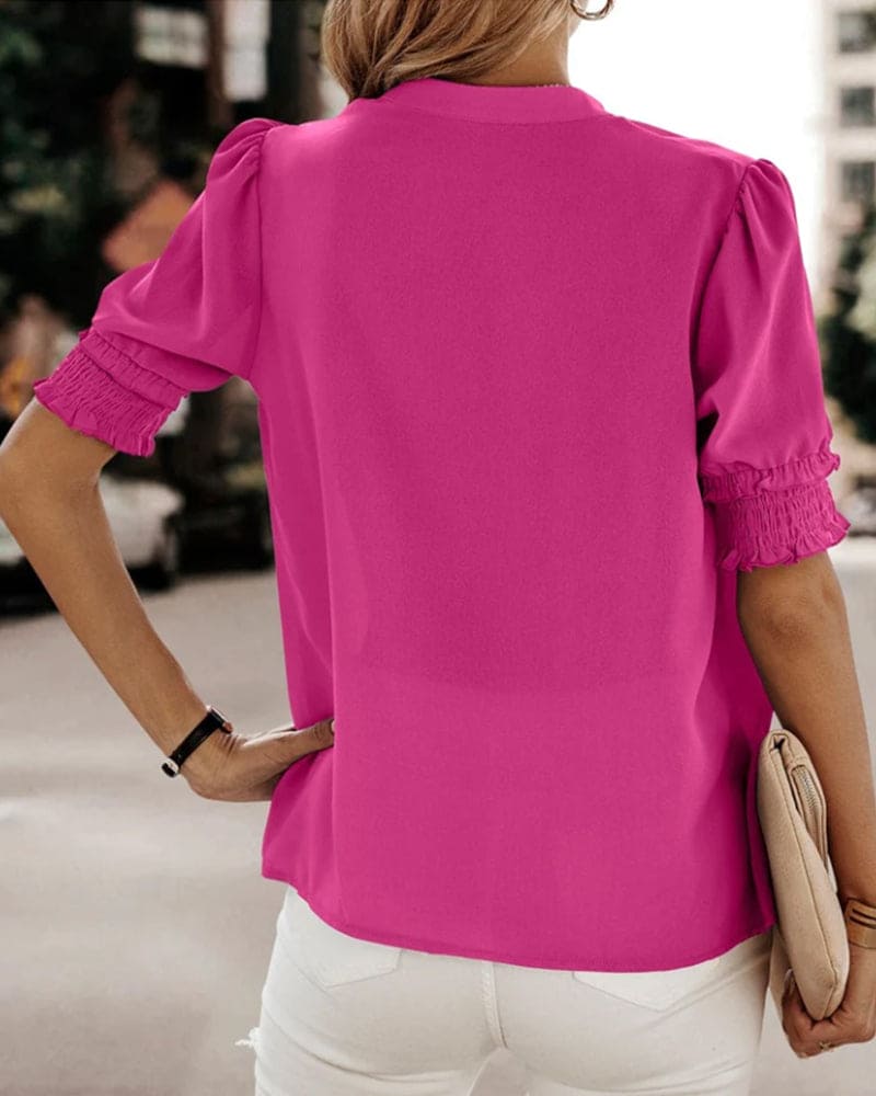 Women's V-Neck Short Puff Sleeve Blouse – Relaxed Summer Blouse