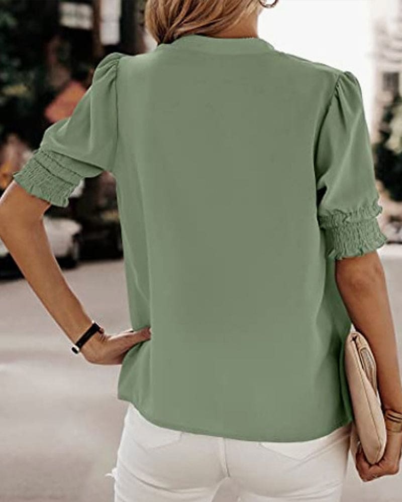 Women's V-Neck Short Puff Sleeve Blouse – Relaxed Summer Blouse