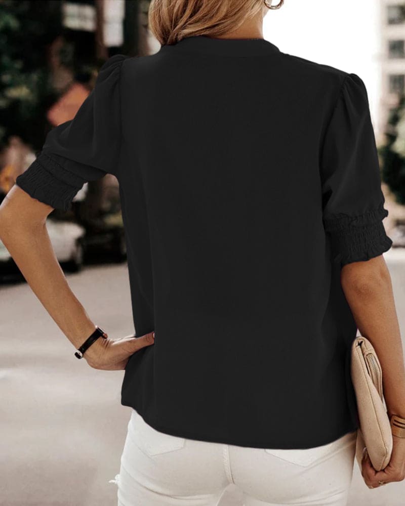 Women's V-Neck Short Puff Sleeve Blouse – Relaxed Summer Blouse
