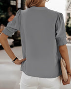 Women's V-Neck Short Puff Sleeve Blouse – Relaxed Summer Blouse