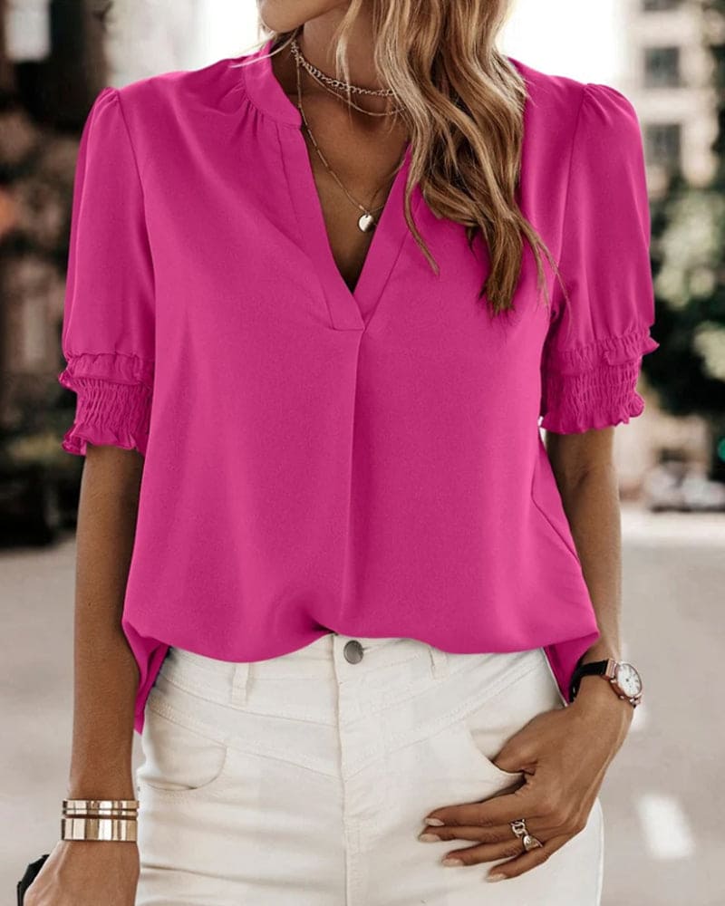 Women's V-Neck Short Puff Sleeve Blouse – Relaxed Summer Blouse