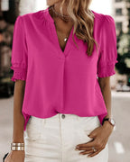 Women's V-Neck Short Puff Sleeve Blouse – Relaxed Summer Blouse
