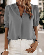 Women's V-Neck Short Puff Sleeve Blouse – Relaxed Summer Blouse