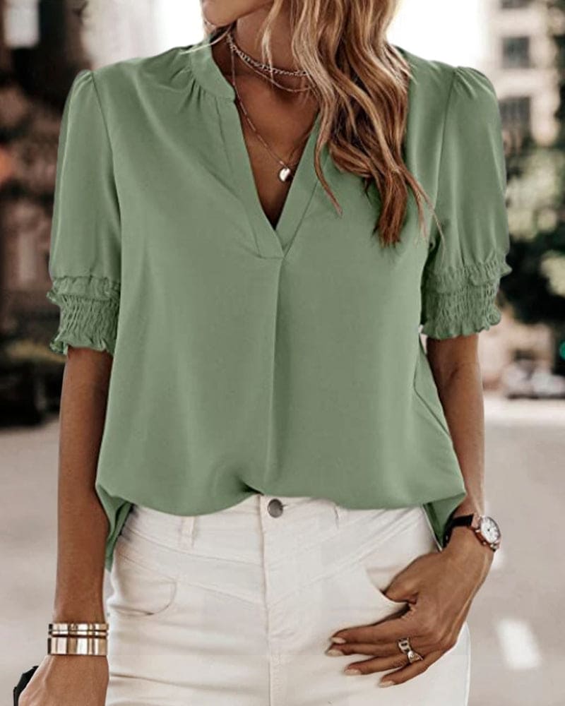 Women's V-Neck Short Puff Sleeve Blouse – Relaxed Summer Blouse