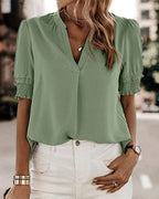 Women's V-Neck Short Puff Sleeve Blouse – Relaxed Summer Blouse