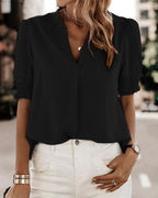 Women's V-Neck Short Puff Sleeve Blouse – Relaxed Summer Blouse