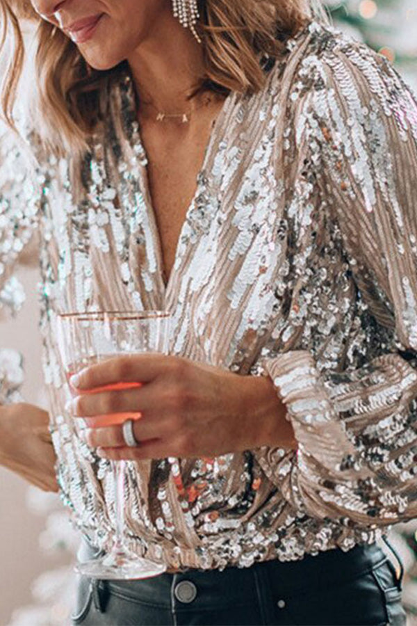 Women's Sparkly V-Neck Blouse – Glitter Evening Party Blouse