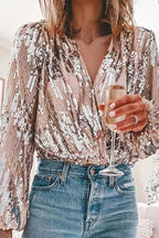 Women's Sparkly V-Neck Blouse – Glitter Evening Party Blouse