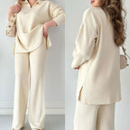 Women's Oversized Ribbed Loungewear Set – Side Slit Top and Stretch Waist Pants Set