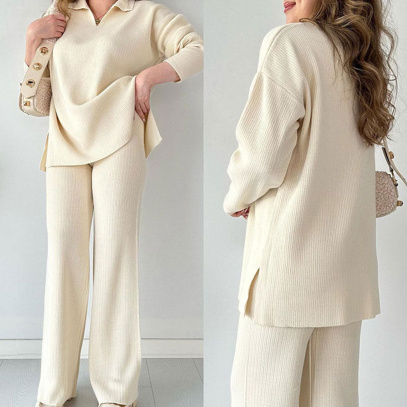 Women's Oversized Ribbed Loungewear Set – Side Slit Top and Stretch Waist Pants Set