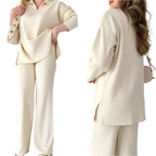 Women's Oversized Ribbed Loungewear Set – Side Slit Top and Stretch Waist Pants Set