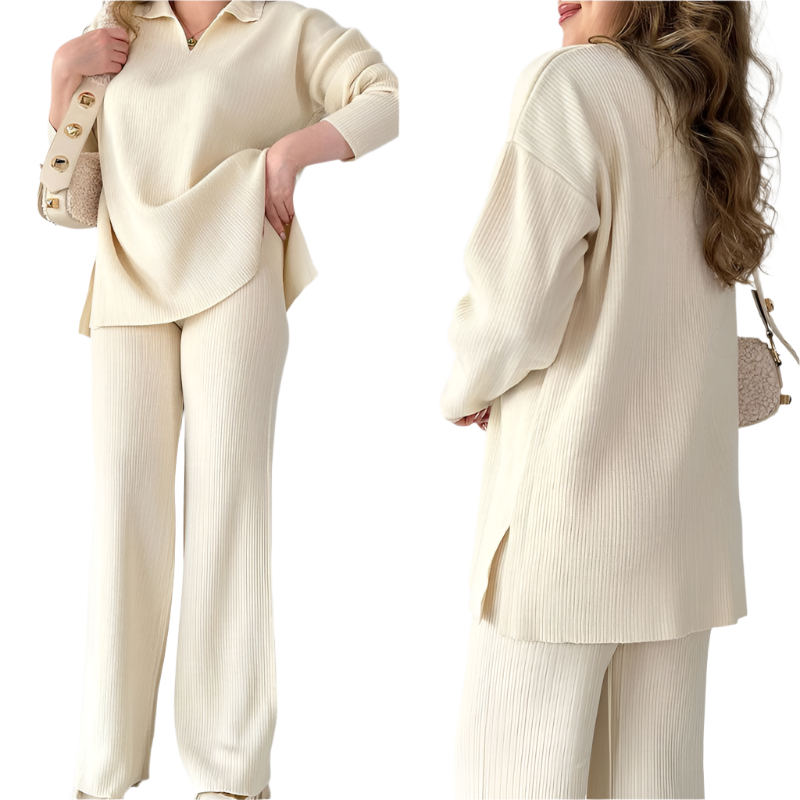 Women's Oversized Ribbed Loungewear Set – Side Slit Top and Stretch Waist Pants Set