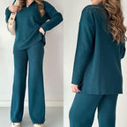 Women's Oversized Ribbed Loungewear Set – Side Slit Top and Stretch Waist Pants Set