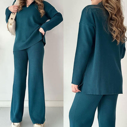 Women's Oversized Ribbed Loungewear Set – Side Slit Top and Stretch Waist Pants Set