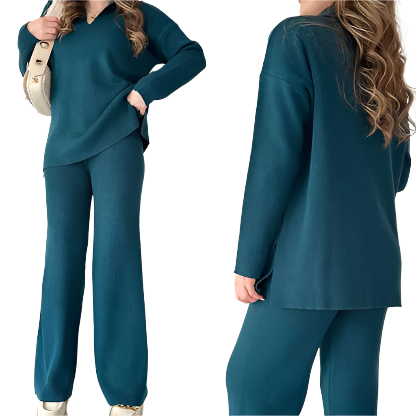 Women's Oversized Ribbed Loungewear Set – Side Slit Top and Stretch Waist Pants Set