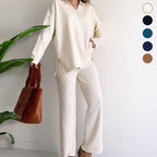 Women's Oversized Ribbed Loungewear Set – Side Slit Top and Stretch Waist Pants Set