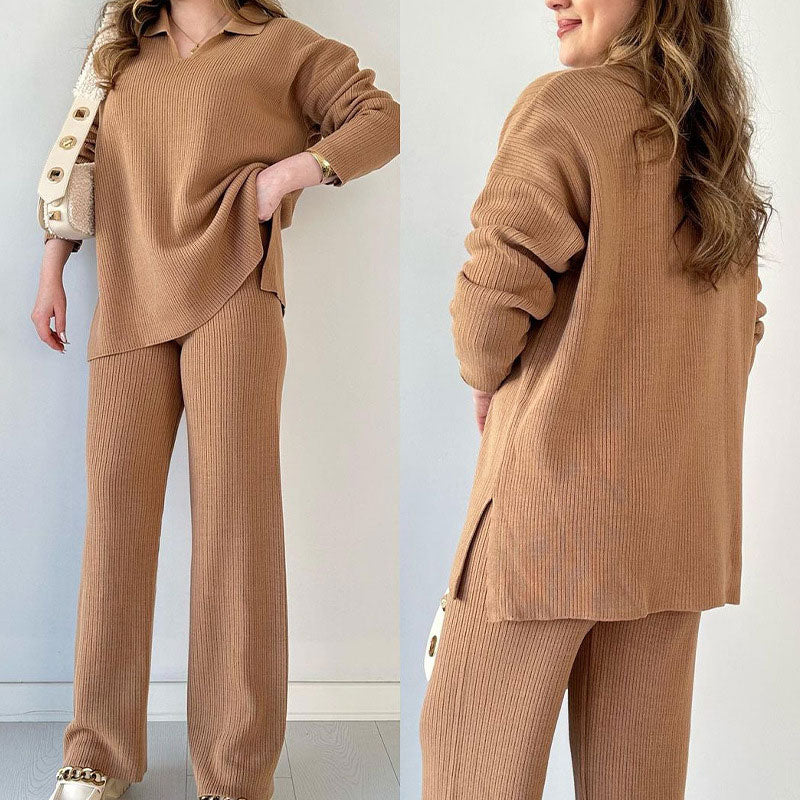 Women's Oversized Ribbed Loungewear Set – Side Slit Top and Stretch Waist Pants Set