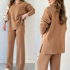 Women's Oversized Ribbed Loungewear Set – Side Slit Top and Stretch Waist Pants Set