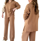 Women's Oversized Ribbed Loungewear Set – Side Slit Top and Stretch Waist Pants Set