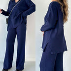 Women's Oversized Ribbed Loungewear Set – Side Slit Top and Stretch Waist Pants Set