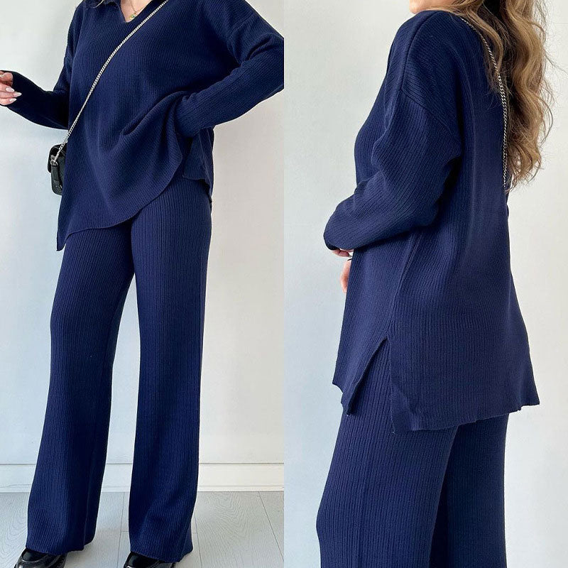 Women's Oversized Ribbed Loungewear Set – Side Slit Top and Stretch Waist Pants Set