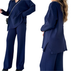 Women's Oversized Ribbed Loungewear Set – Side Slit Top and Stretch Waist Pants Set