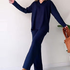 Women's Oversized Ribbed Loungewear Set – Side Slit Top and Stretch Waist Pants Set