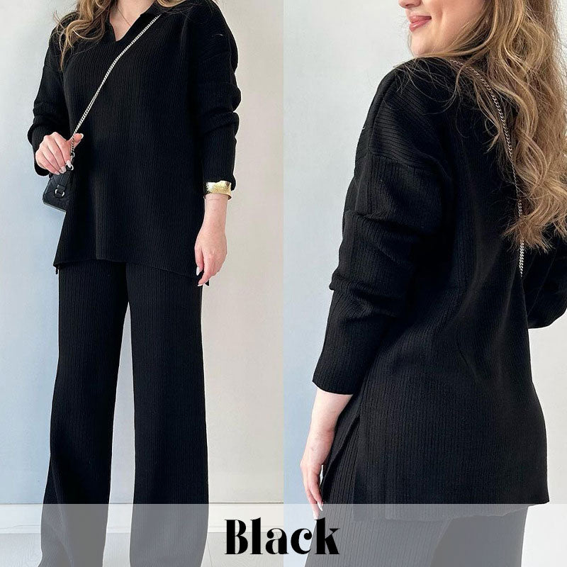 Women's Oversized Ribbed Loungewear Set – Side Slit Top and Stretch Waist Pants Set