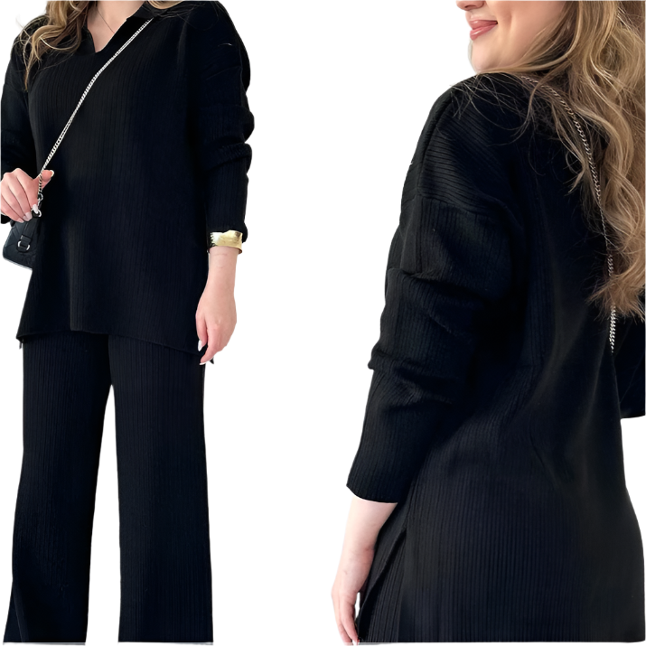 Women's Oversized Ribbed Loungewear Set – Side Slit Top and Stretch Waist Pants Set