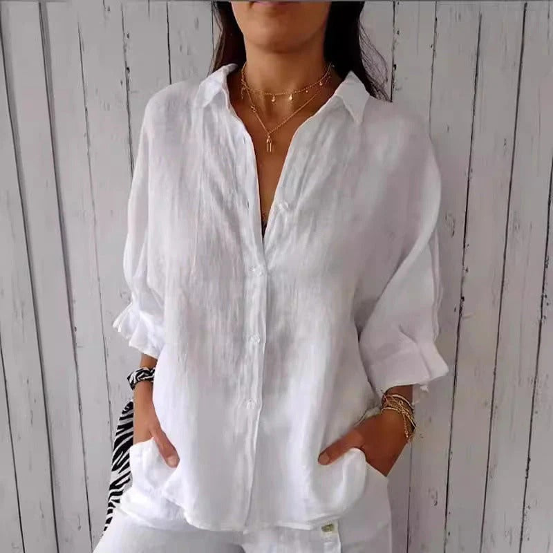 Women's Adjustable Tie Blouse – V-Neck Roll Sleeve Blouse