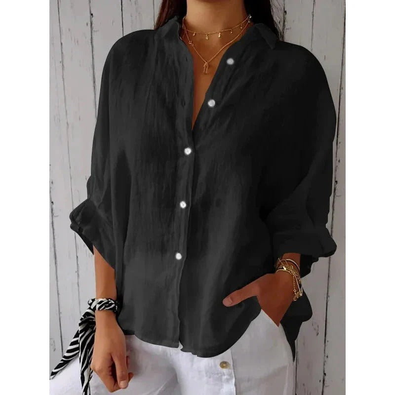 Women's Adjustable Tie Blouse – V-Neck Roll Sleeve Blouse