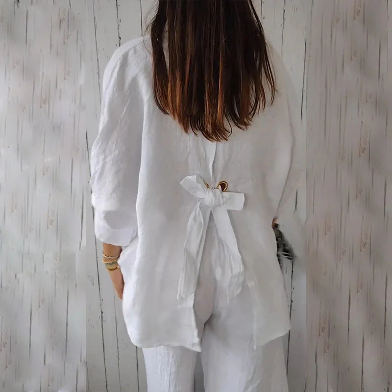 Women's Adjustable Tie Blouse – V-Neck Roll Sleeve Blouse