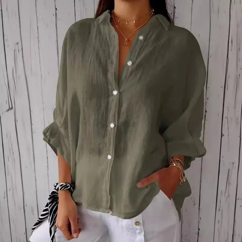 Women's Adjustable Tie Blouse – V-Neck Roll Sleeve Blouse
