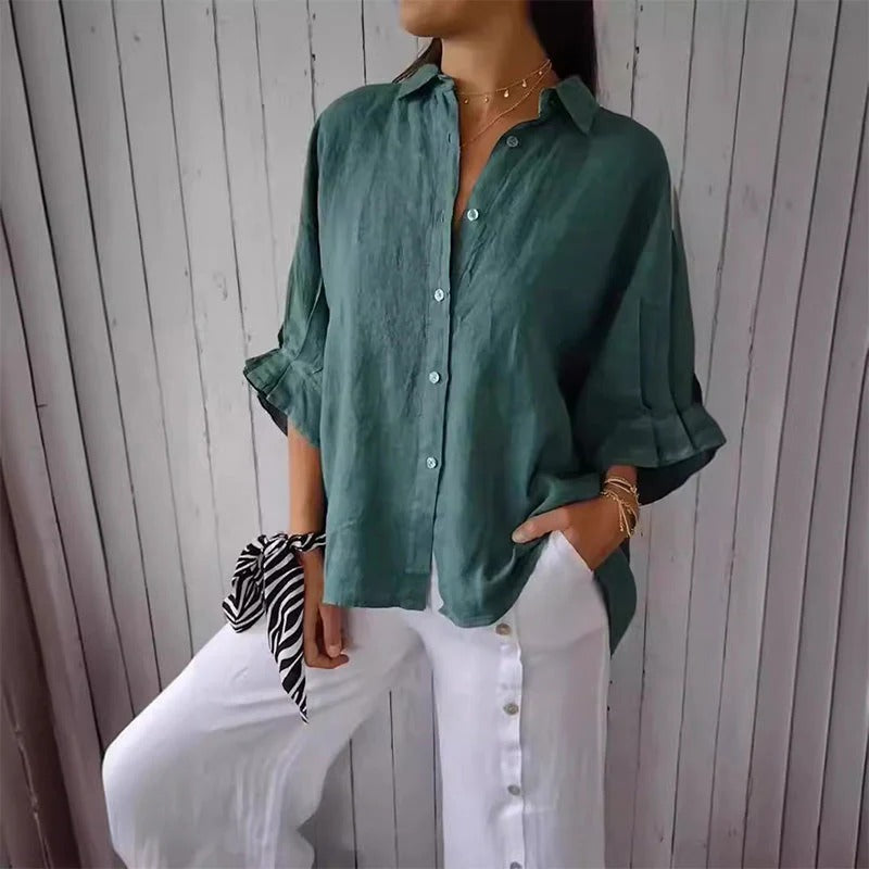 Women's Adjustable Tie Blouse – V-Neck Roll Sleeve Blouse