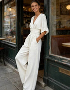 Women's V-Neck Wrap Wide Leg Jumpsuit – Cinched Waist Evening Occasion Jumpsuit